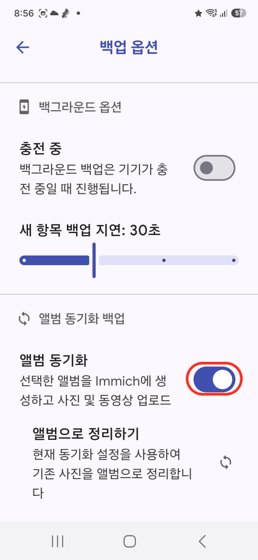 백업 옵션 화면